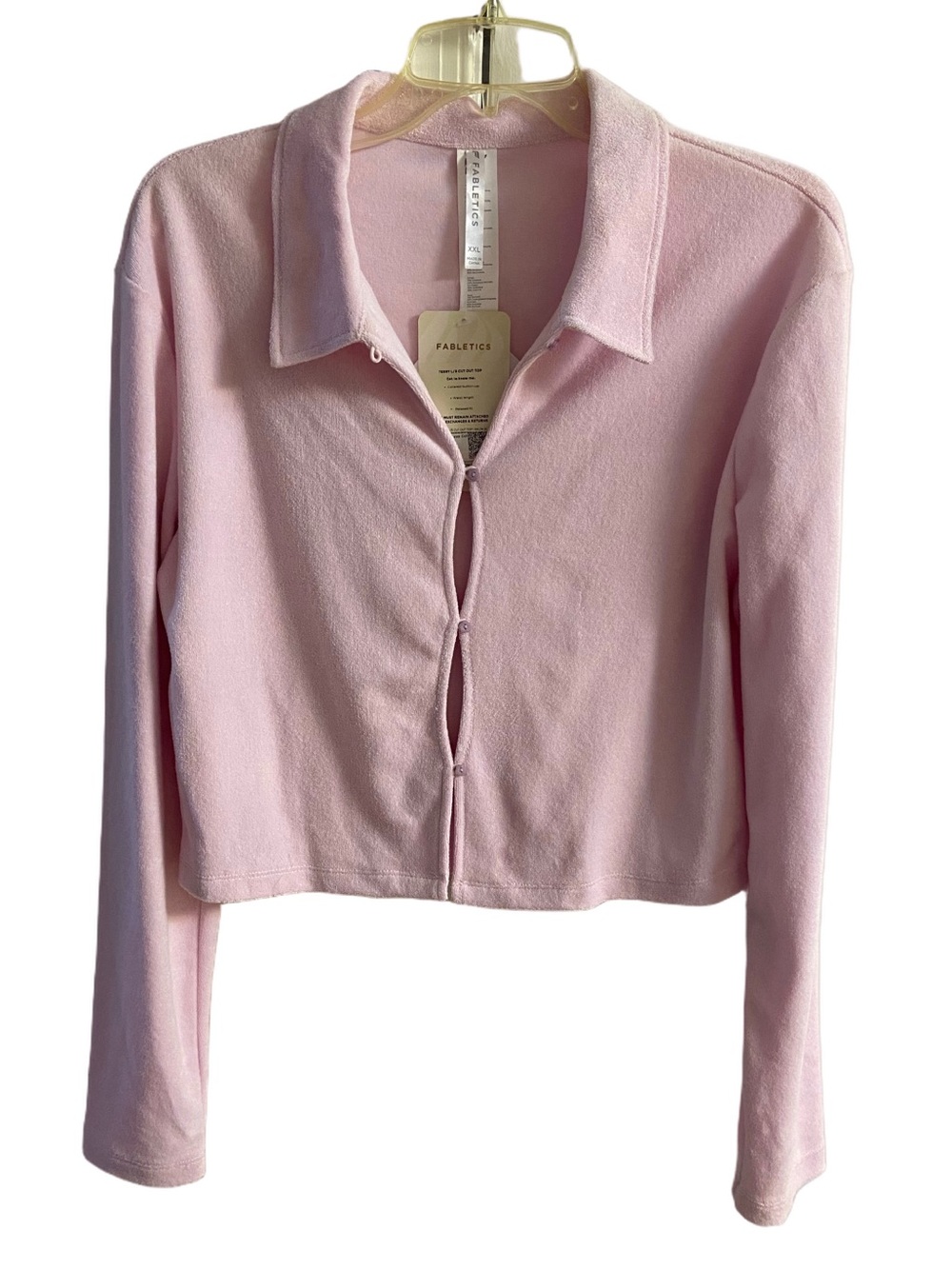 Fabletics Terry L/S Cut Out Long sleeve Top Button Up Waist Length L NWT